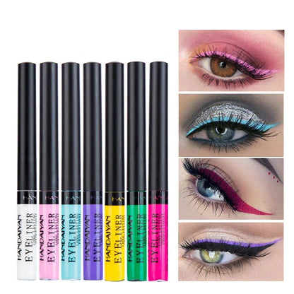 Collection d’eyeliners liquides colorés avec des exemples d’application de maquillage pour les yeux.