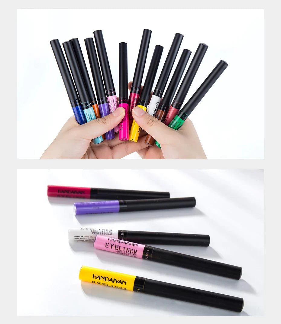 Stylos eyeliner liquides colorés disposés en éventail.