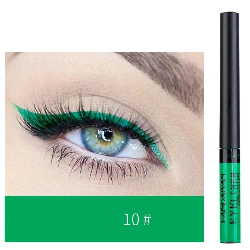 Eyeliner liquide vert vif avec exemple de maquillage des yeux assorti.