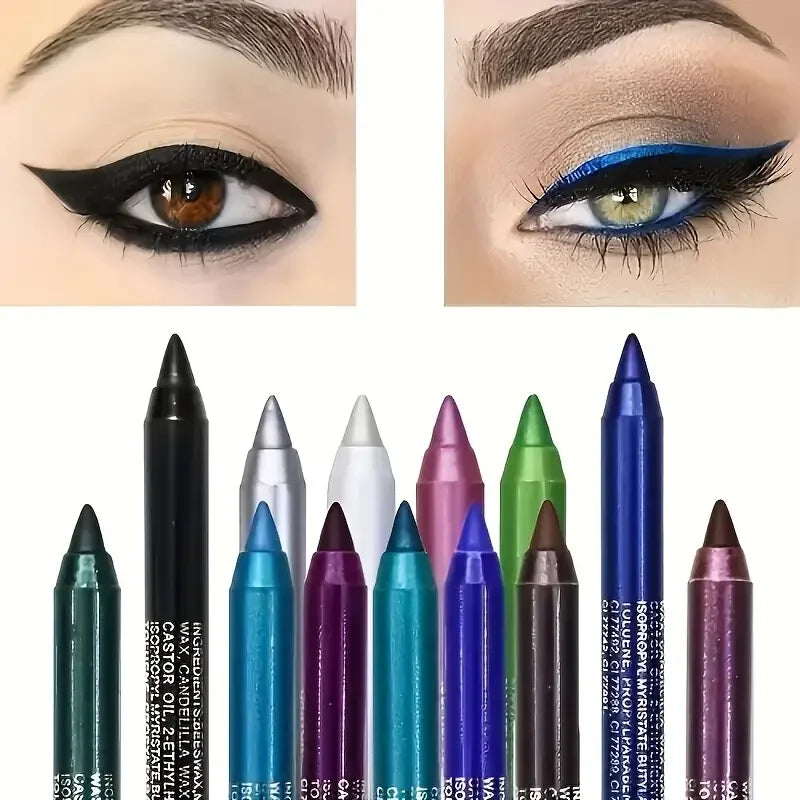 Collection de crayons eyeliner colorés avec des exemples de maquillage dramatique des yeux au-dessus d’eux.