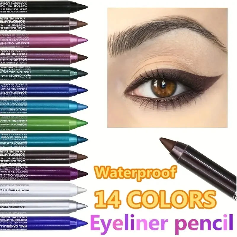 Collection de crayons eyeliner imperméables en 14 couleurs différentes, présentés avec un eyeliner ailé spectaculaire.