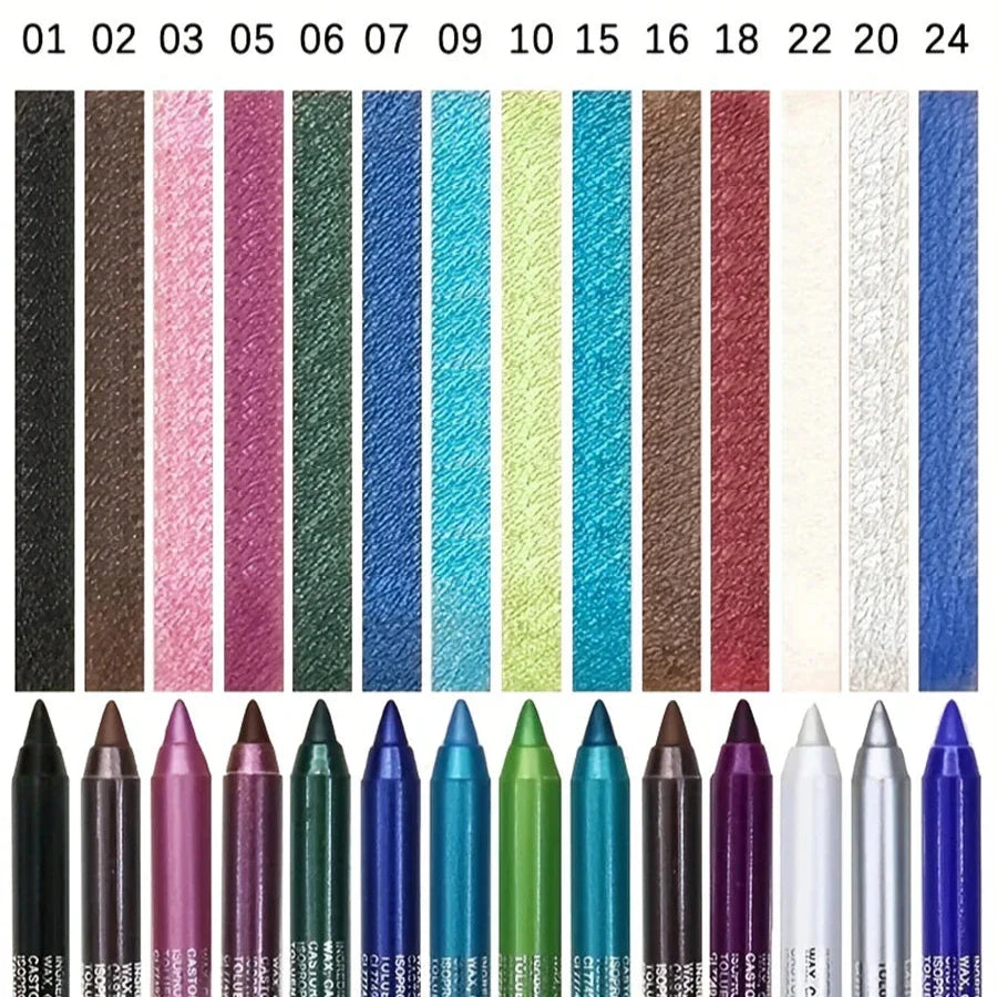 Set de crayons eyeliner colorés avec les échantillons de couleurs correspondants au-dessus d’eux.