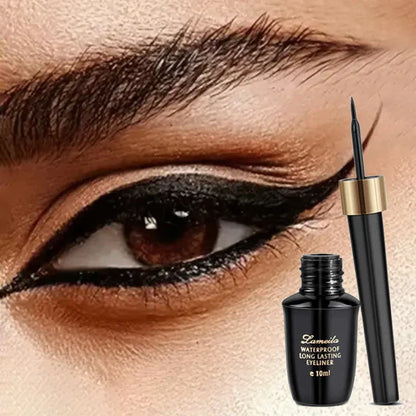 Eyeliner liquide noir avec pinceau applicateur à pointe fine.