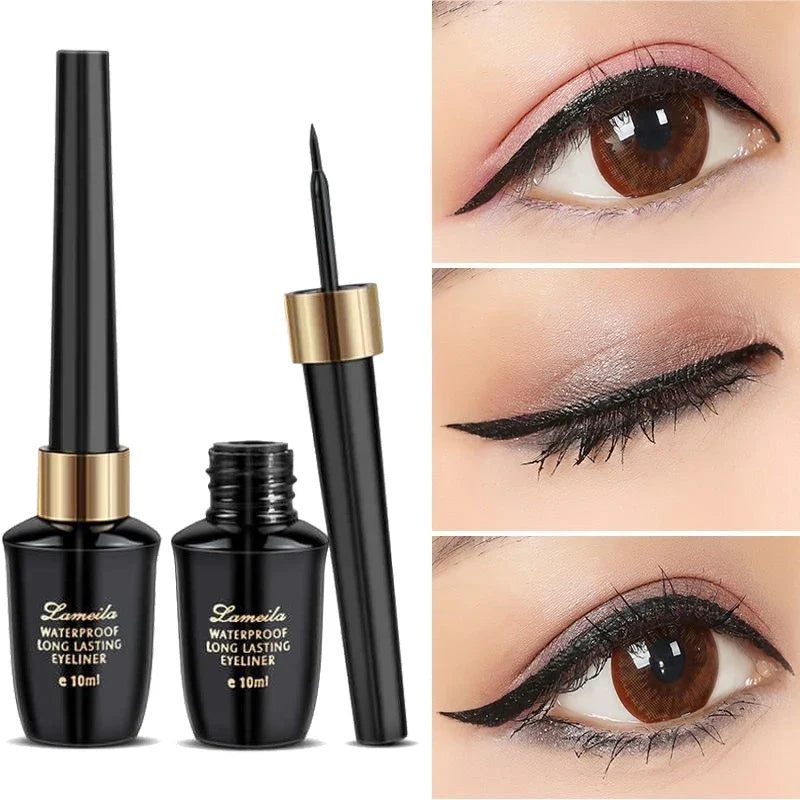 Eyeliner liquide noir avec capuchon doré et pinceau applicateur.