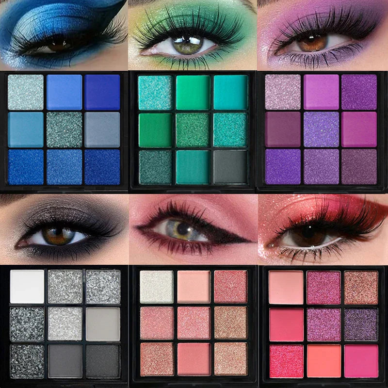 Collection de palettes d’ombres à paupières présentant des looks vibrants dans des gammes de couleurs bleu, vert, violet et rose avec des exemples de maquillage des yeux assortis.