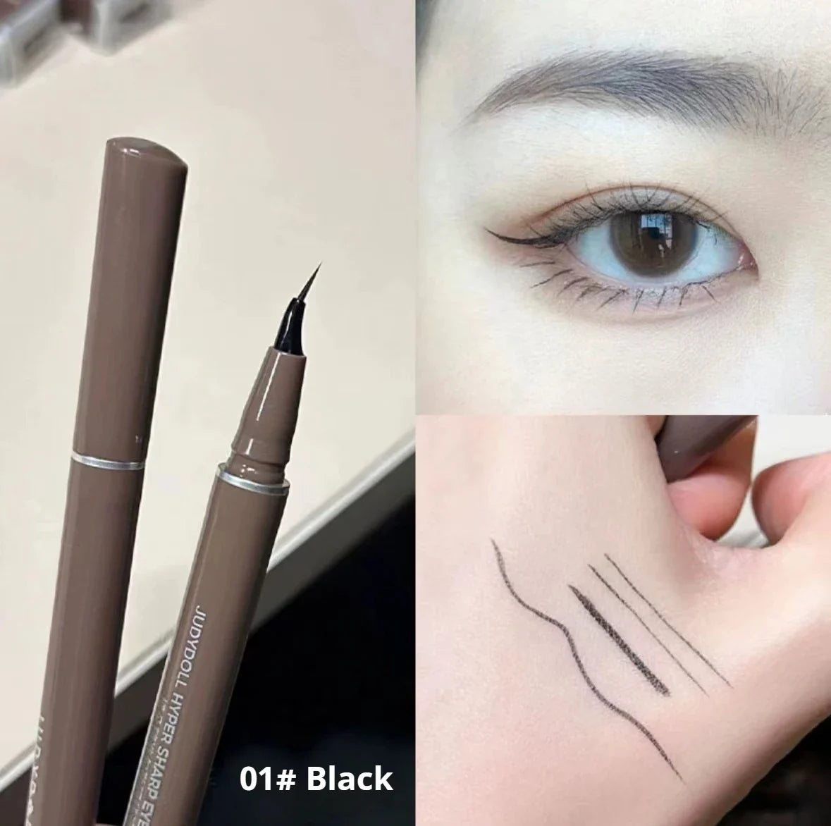 Stylo eyeliner liquide brun avec un applicateur à pointe fine.