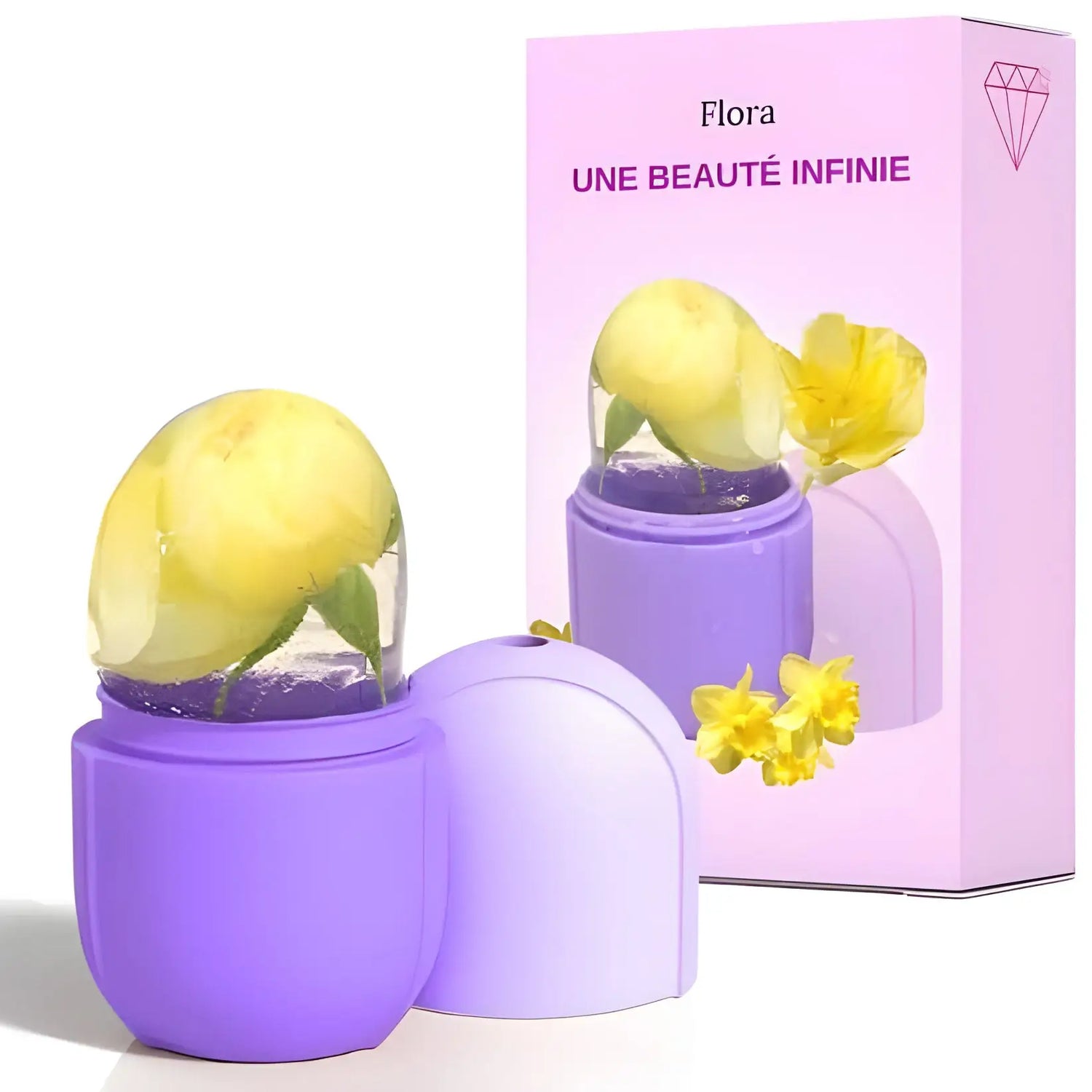 Récipient violet avec un objet en forme de citron à l’intérieur, à côté de l’emballage du produit.