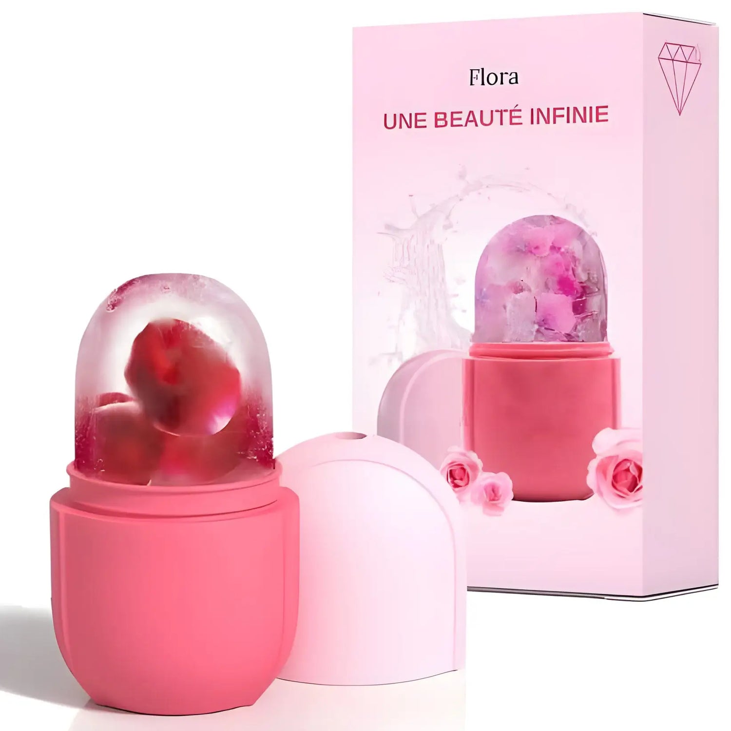 Produit cosmétique rose avec un couvercle en verre en forme de dôme contenant des éléments floraux.