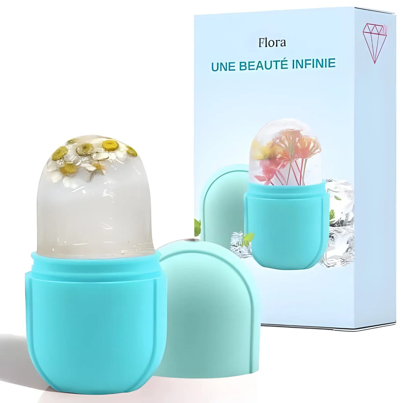 Récipient en forme de capsule turquoise avec un couvercle en forme de dôme blanc décoré de petites fleurs.