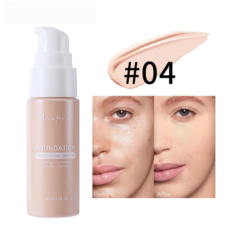 Flacon de fond de teint liquide rose avec pompe distributrice et un comparatif de maquillage avant/après.