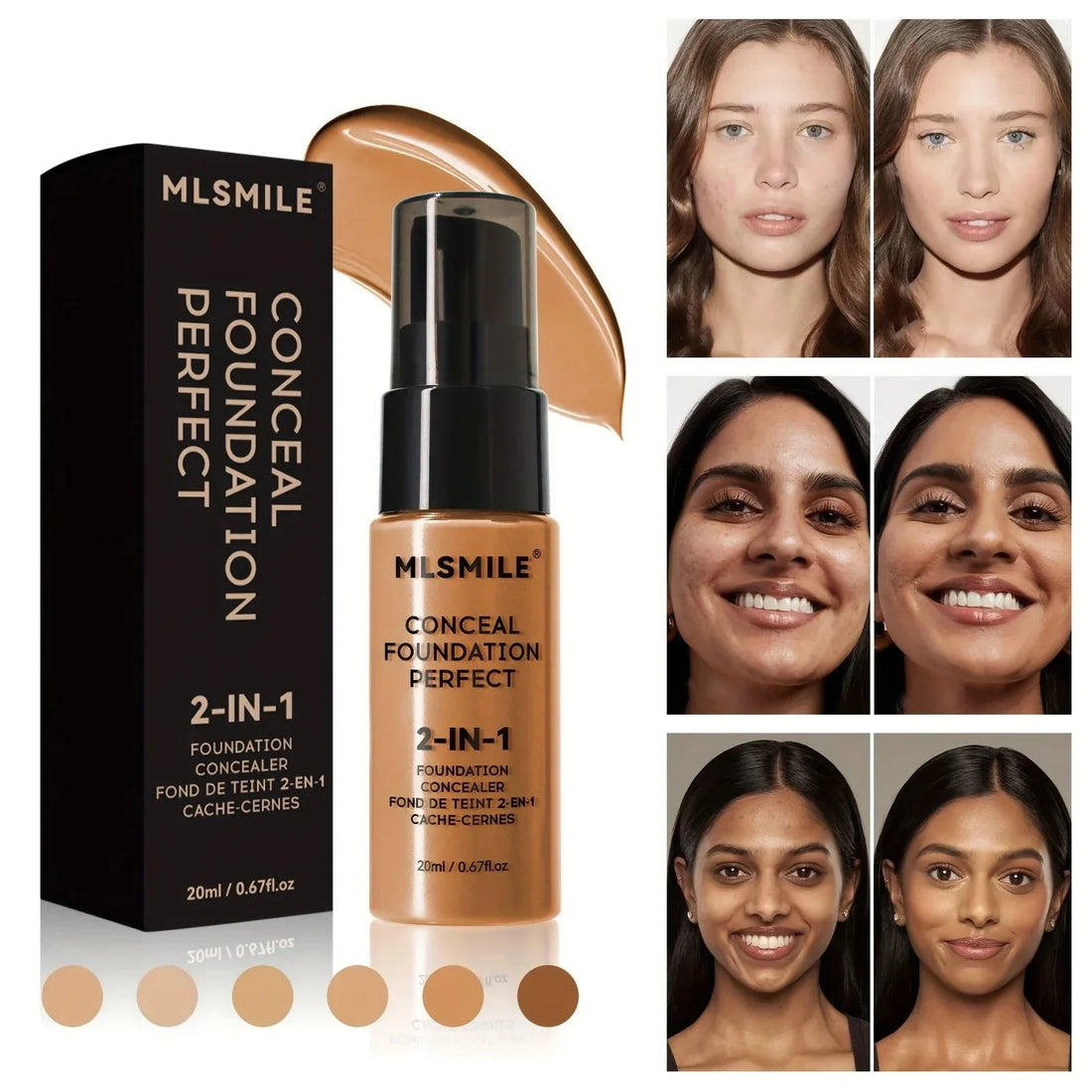 Le produit de maquillage MLSMILE 2-in-1 Conceal Foundation avec des échantillons de teintes et des exemples d’application avant/après.