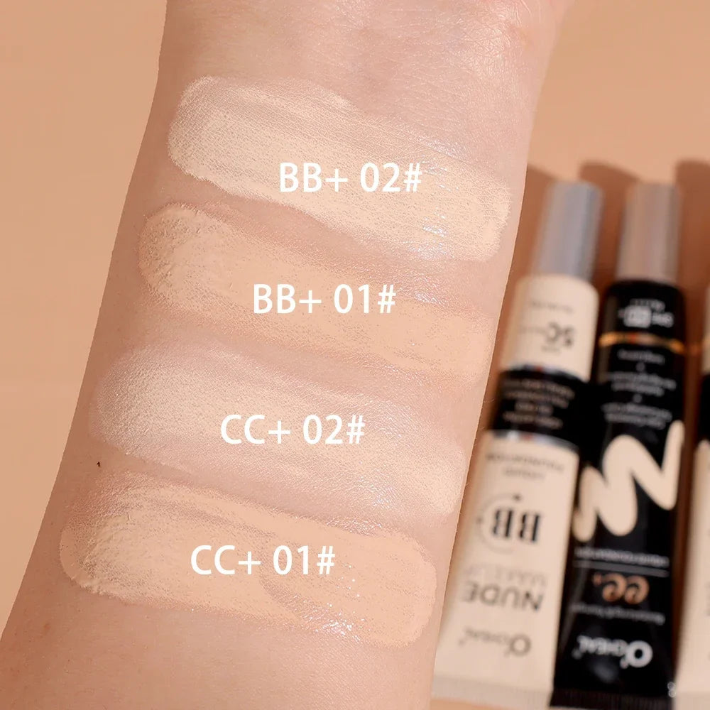 Échantillons de maquillage montrant quatre teintes différentes étiquetées BB+ et CC+ sur la peau.