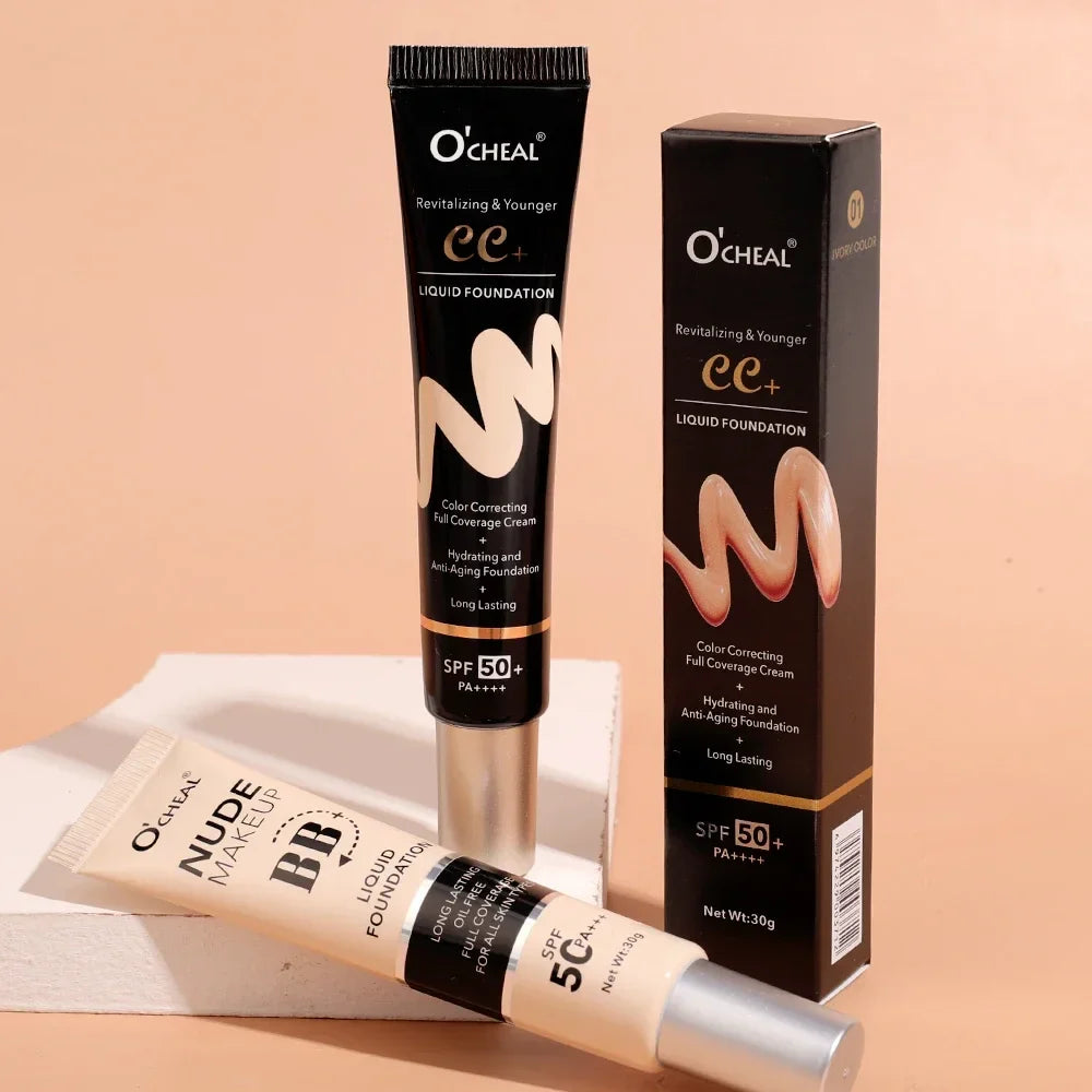 Tube et boîte de crème CC O’cheal avec protection SPF 50+.