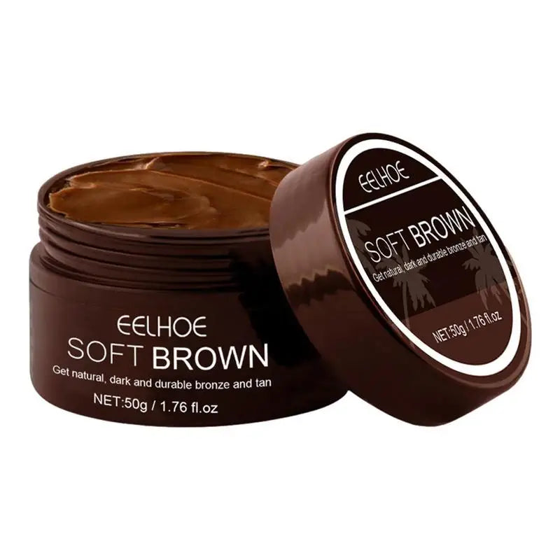 Pot à crème cosmétique marron portant la marque ’Eelhoe Soft Brown’.