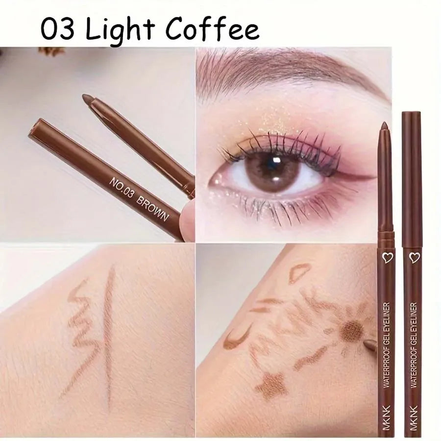 Crayon eyeliner brun dans la teinte ’03 Light Coffee’ avec des échantillons montrant sa couleur et son application.