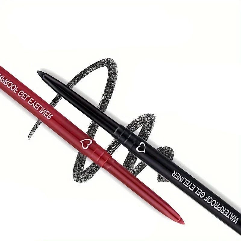 Deux crayons eyeliner - un rouge et un noir - croisés en diagonale.