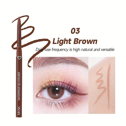 Crayon eyeliner waterproof marron clair avec swatch et exemple de maquillage des yeux.