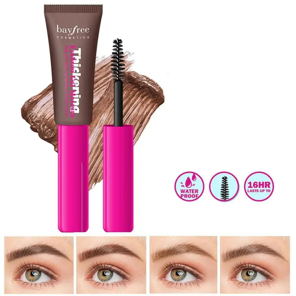 Mascara rose et brun pour les sourcils avec échantillon et photos de démonstration.