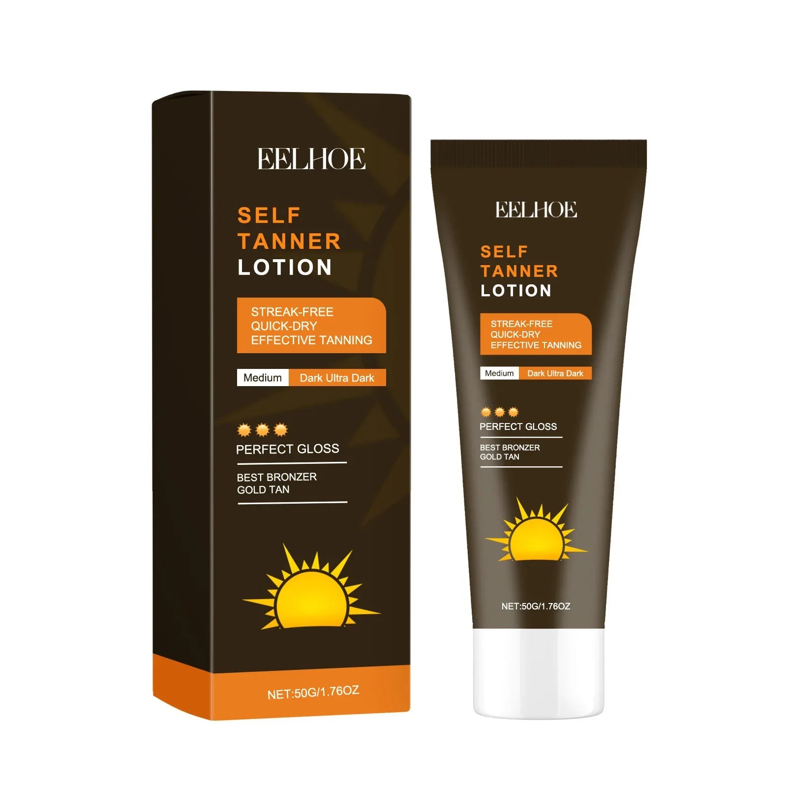 Lotion autobronzante de la marque Eelhoe avec un emballage orange et noir.