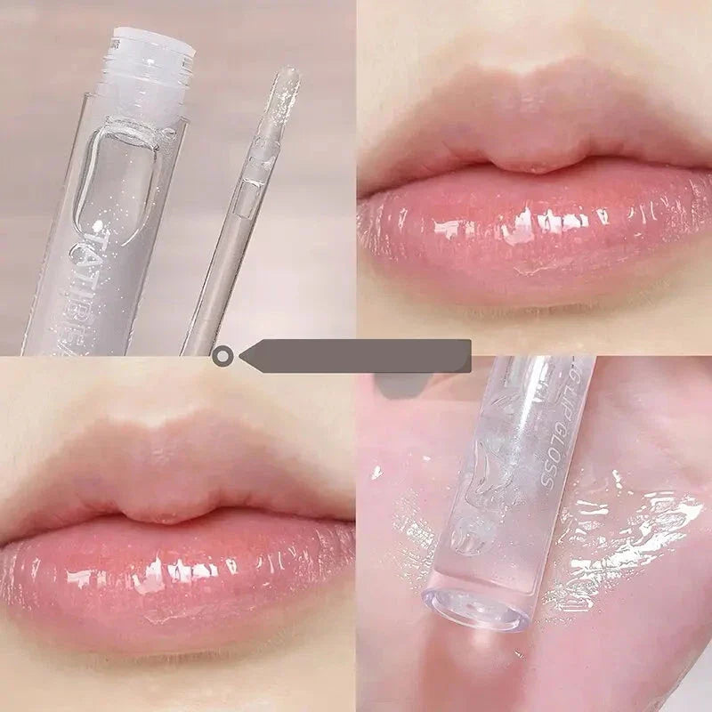 Tube de gloss transparent et applicateur avec des échantillons de lèvres brillantes.