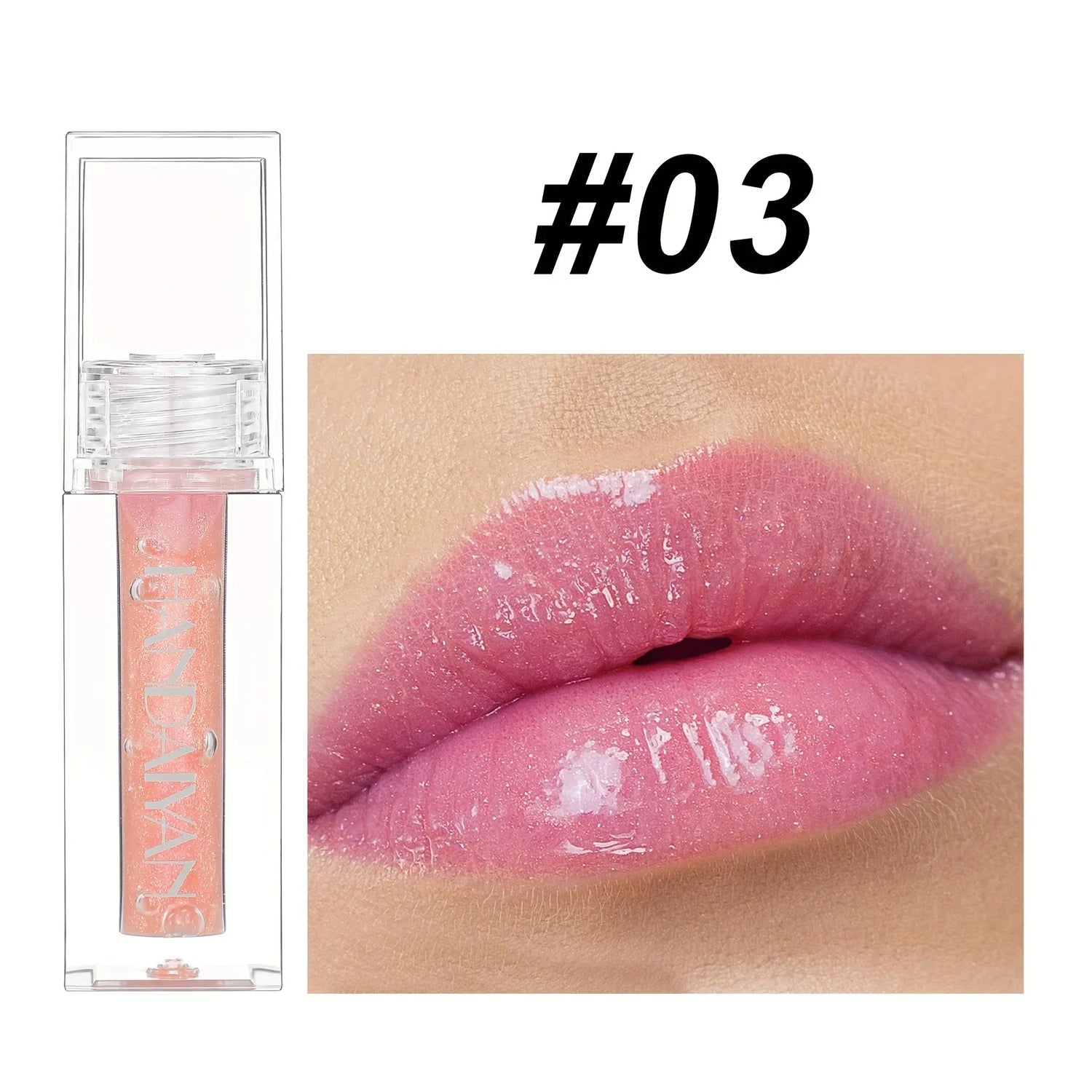 Produit gloss rose brillant avec un swatch montrant son fini chatoyant.