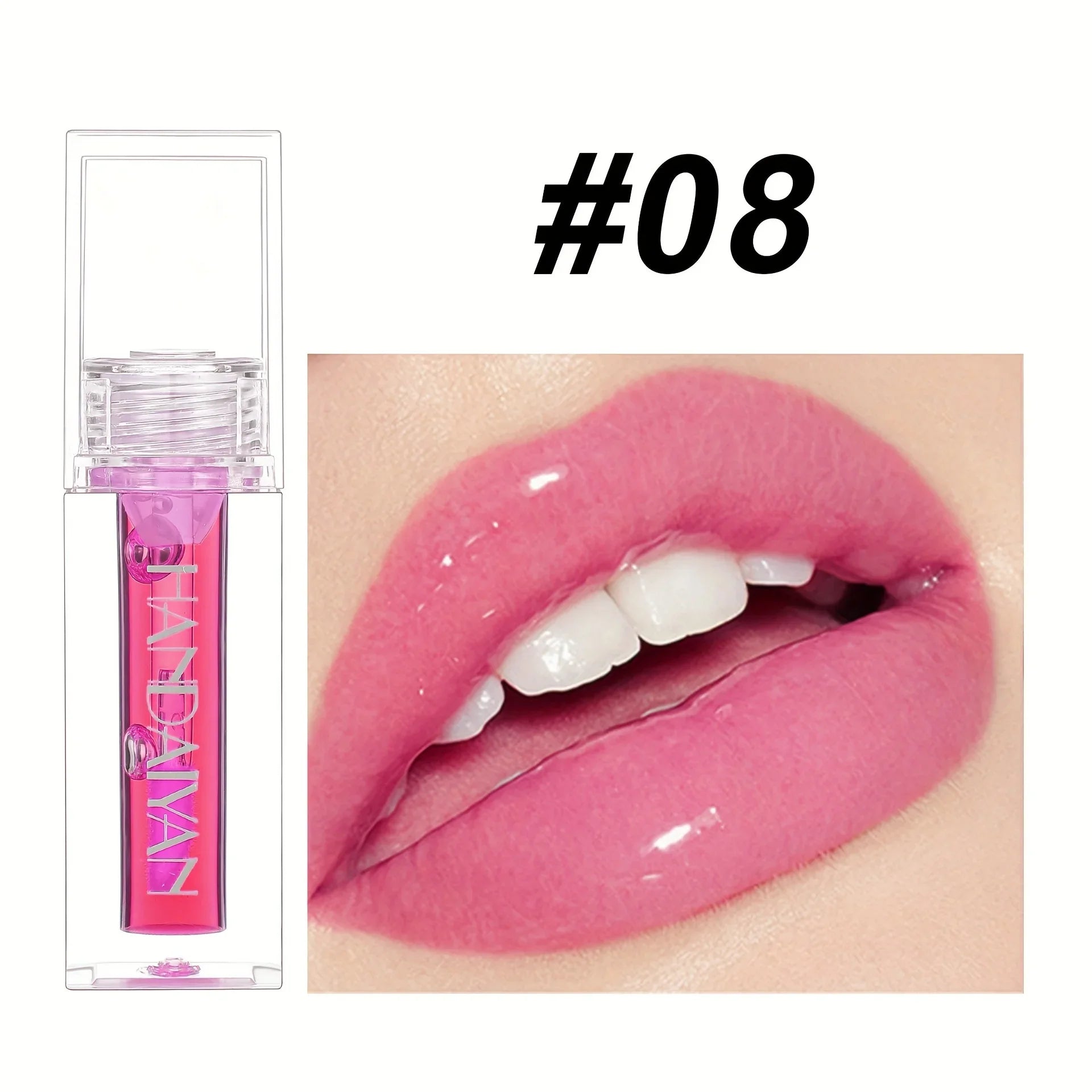 Gloss rose dans un tube transparent avec un échantillon correspondant montrant des lèvres roses et brillantes.