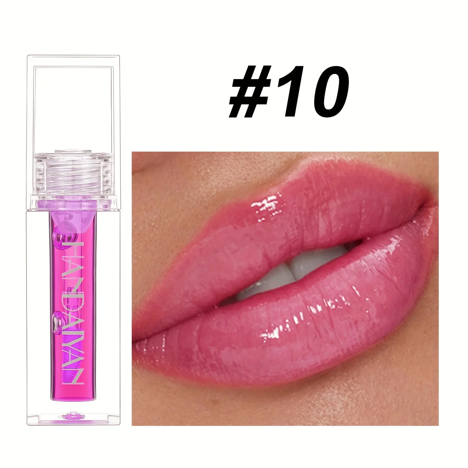 Gloss rose dans un tube transparent avec un échantillon de lèvre brillant montrant la couleur.