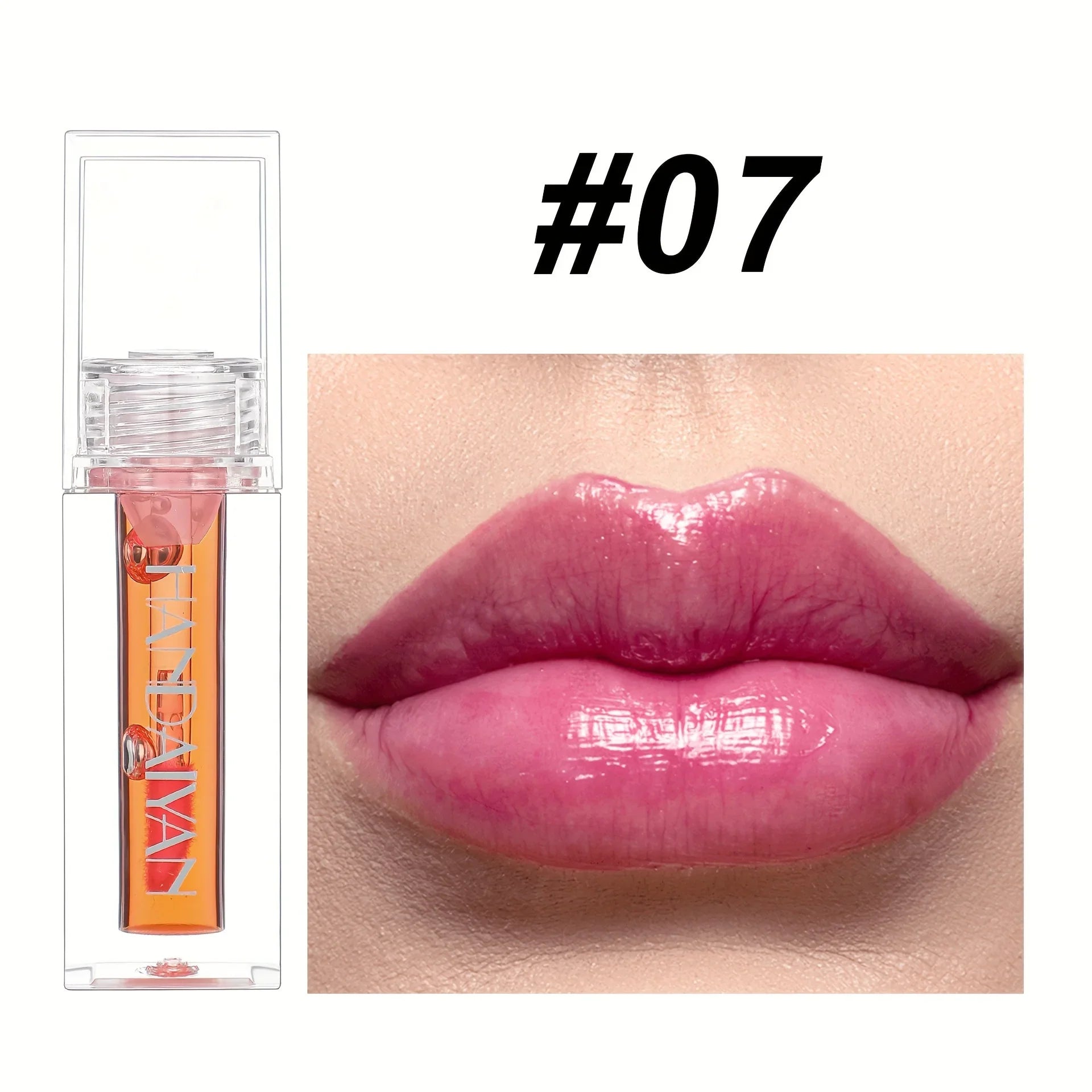 Produit gloss rose avec une photo avant/après l’application montrant des lèvres brillantes.