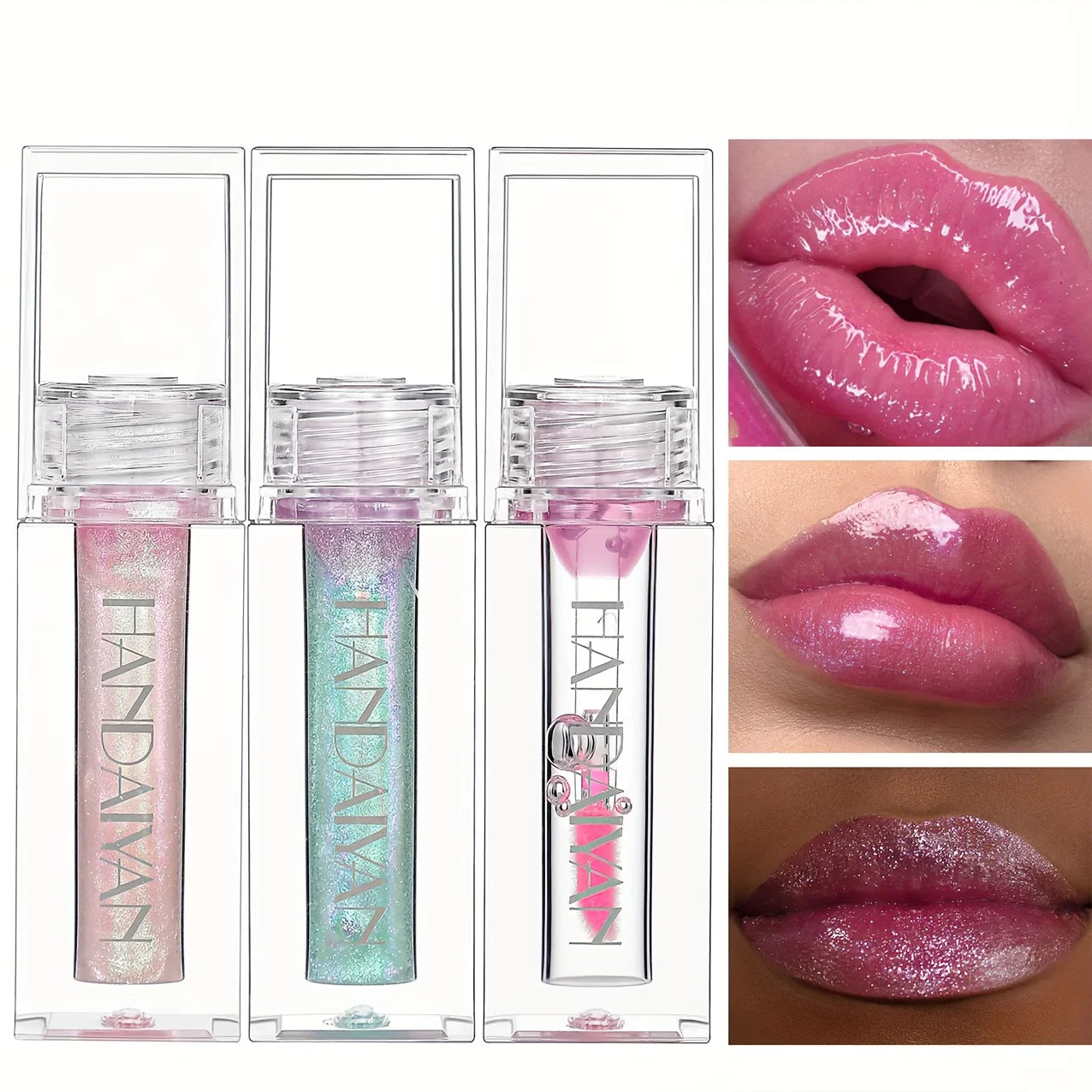 Trois tubes de gloss chatoyants dans les tons rose, vert menthe et transparent, avec des exemples d’échantillons de lèvres correspondants.