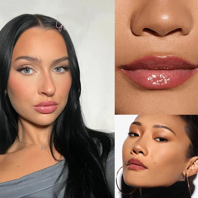 Collage de trois photos de beauté mettant en valeur un maquillage brillant des lèvres et un teint impeccable.