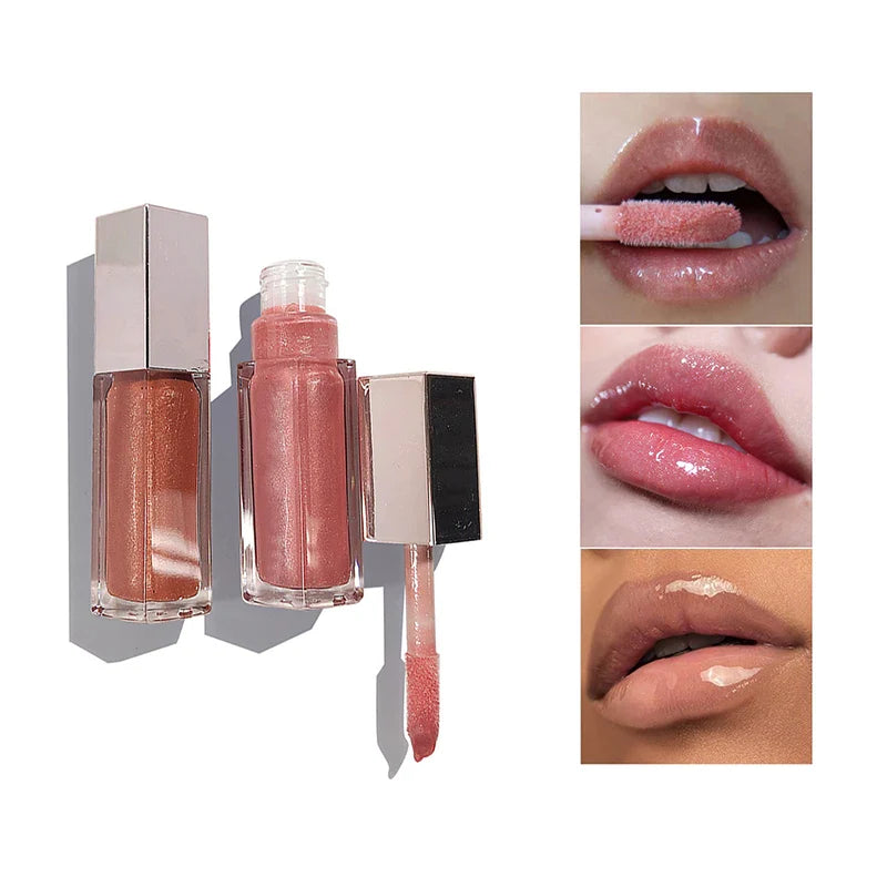 Tubes de gloss rose chatoyant avec des échantillons montrant différents finis brillants pour les lèvres.