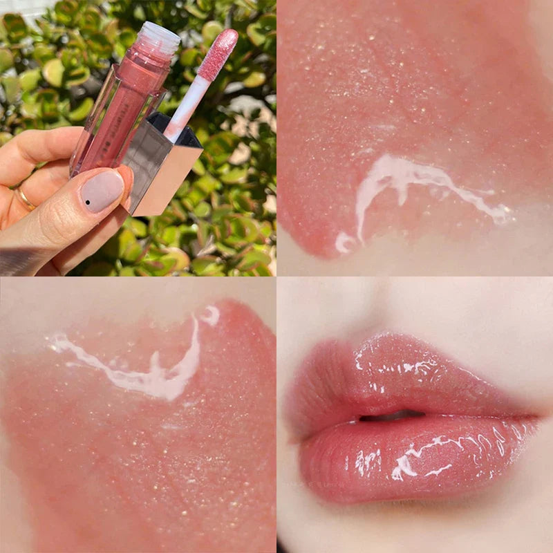 Gloss rose pour les lèvres avec une finition brillante et chatoyante.