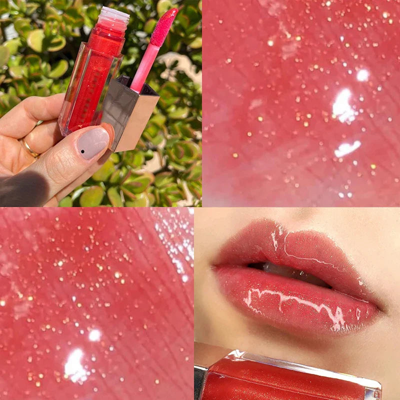 Gloss rose pailleté pour les lèvres avec un fini brillant et scintillant.