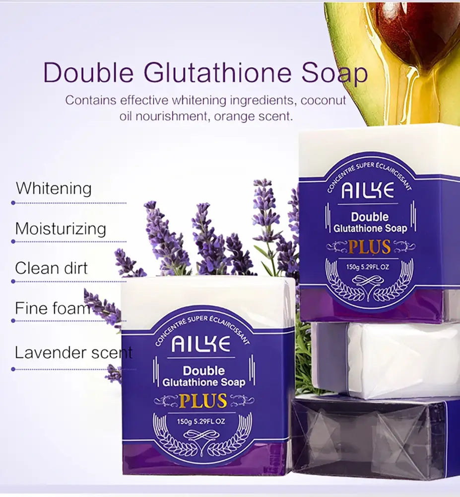 Emballage du savon double Glutathione avec des images de lavande et de fruits.