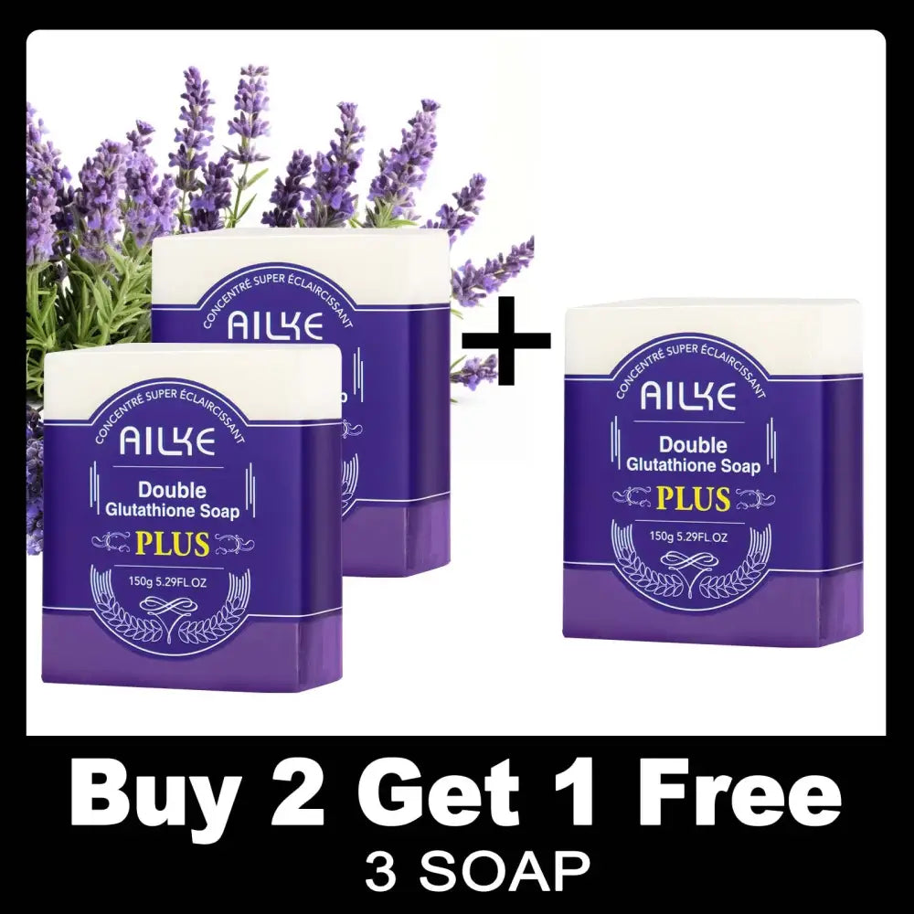 Boîtes de savon violettes et blanches étiquetées ’Ailke Double Glutathione Soap Plus’ avec des brins de lavande derrière elles.