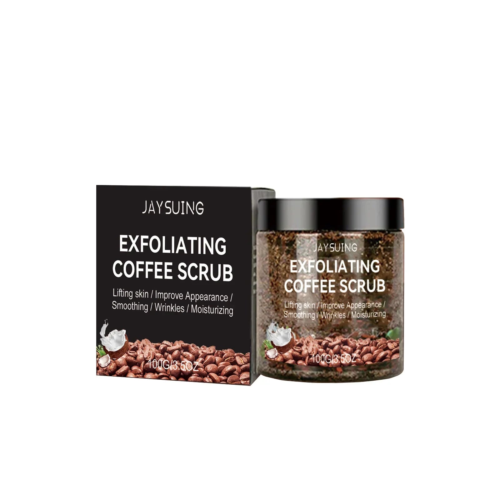 Gommage exfoliant à base de café dans un pot noir avec sa boîte de produit.