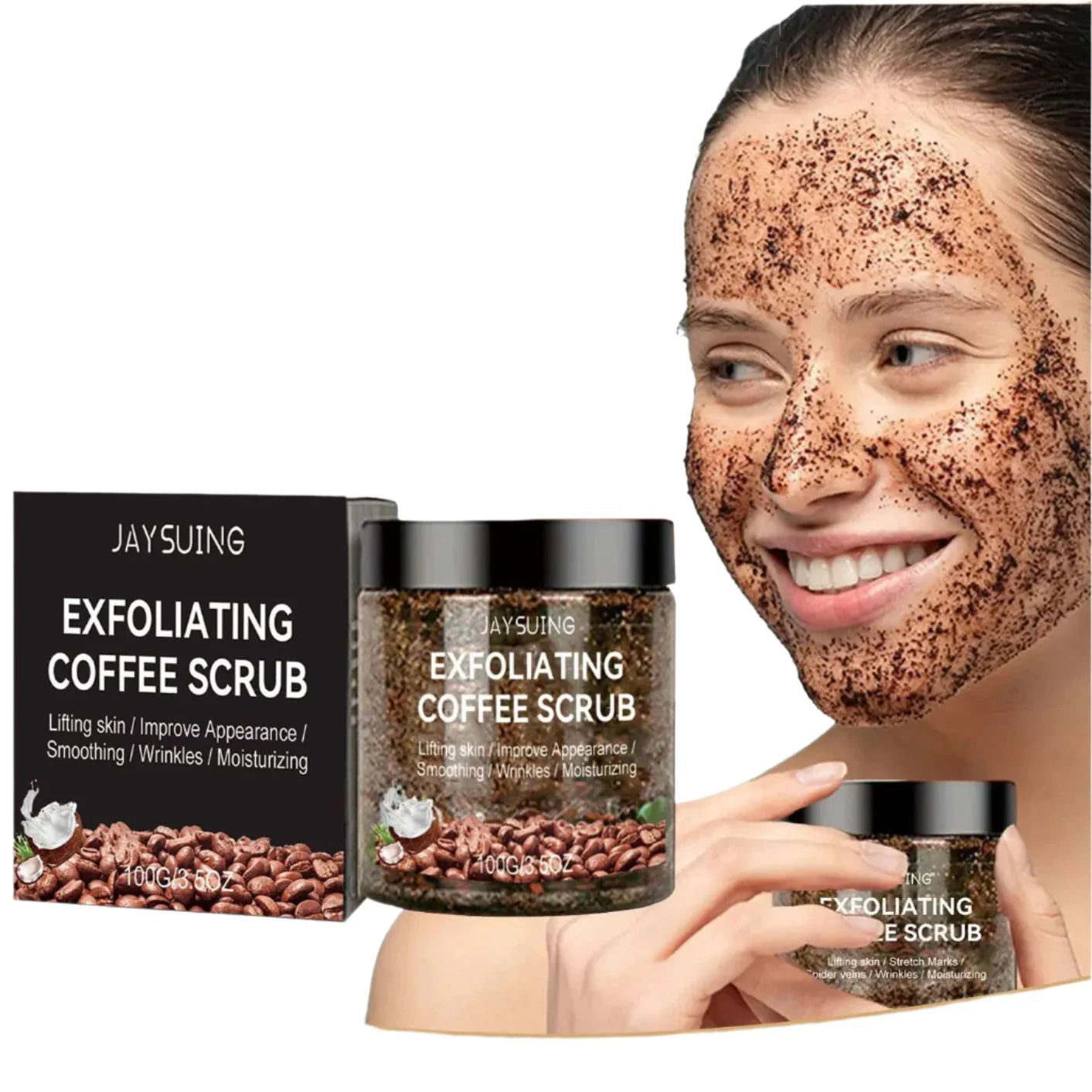 Produit exfoliant pour le visage à base de café, avec emballage et démonstration d’utilisation.