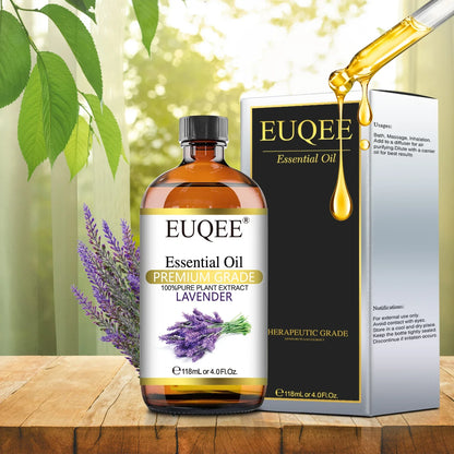 Flacon en verre ambré d’huile essentielle de lavande EUQEE avec sa boîte produit.