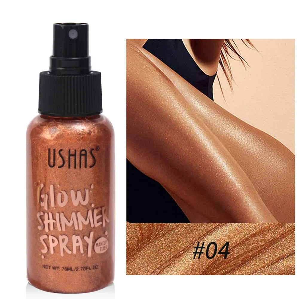 Vaporisateur de couleur cuivre portant l’inscription ’USHAS Glow Shimmer Spray 