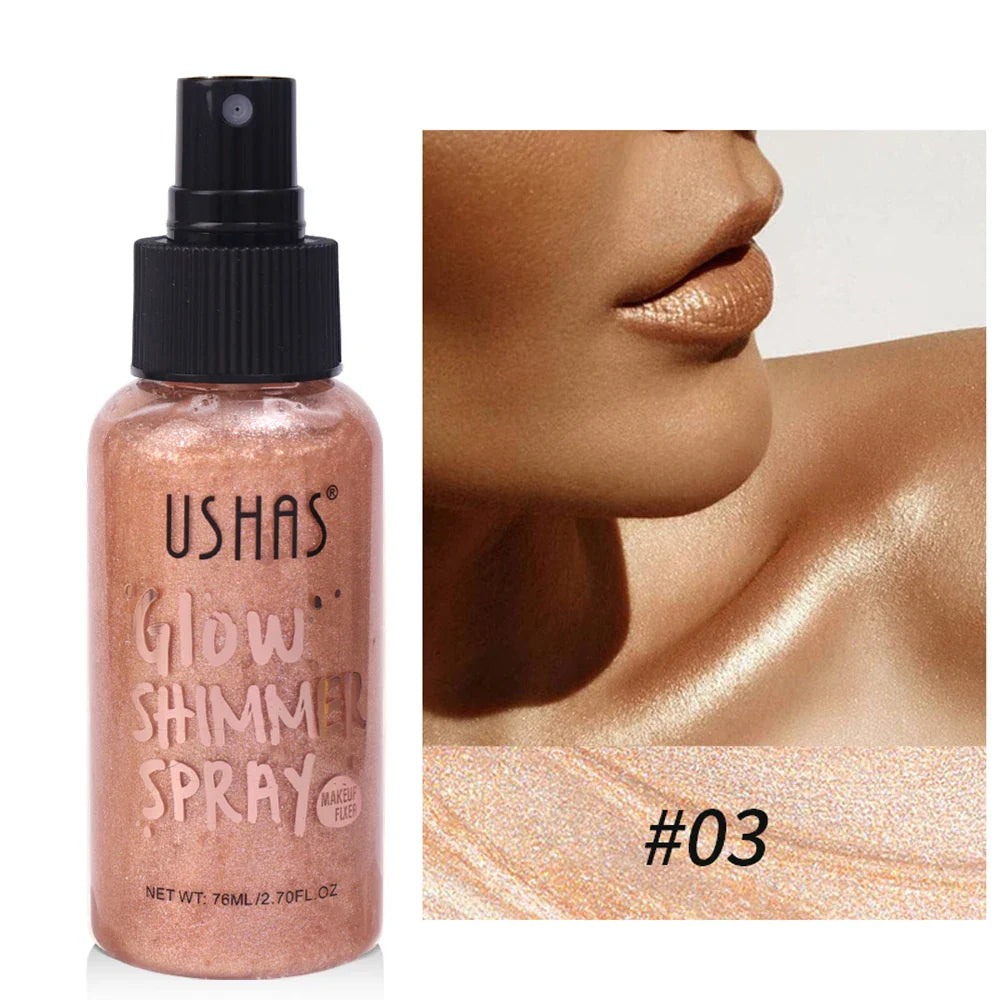 Flacon vaporisateur or rose portant l’inscription ’USHAS Glow Shimmer Spray 