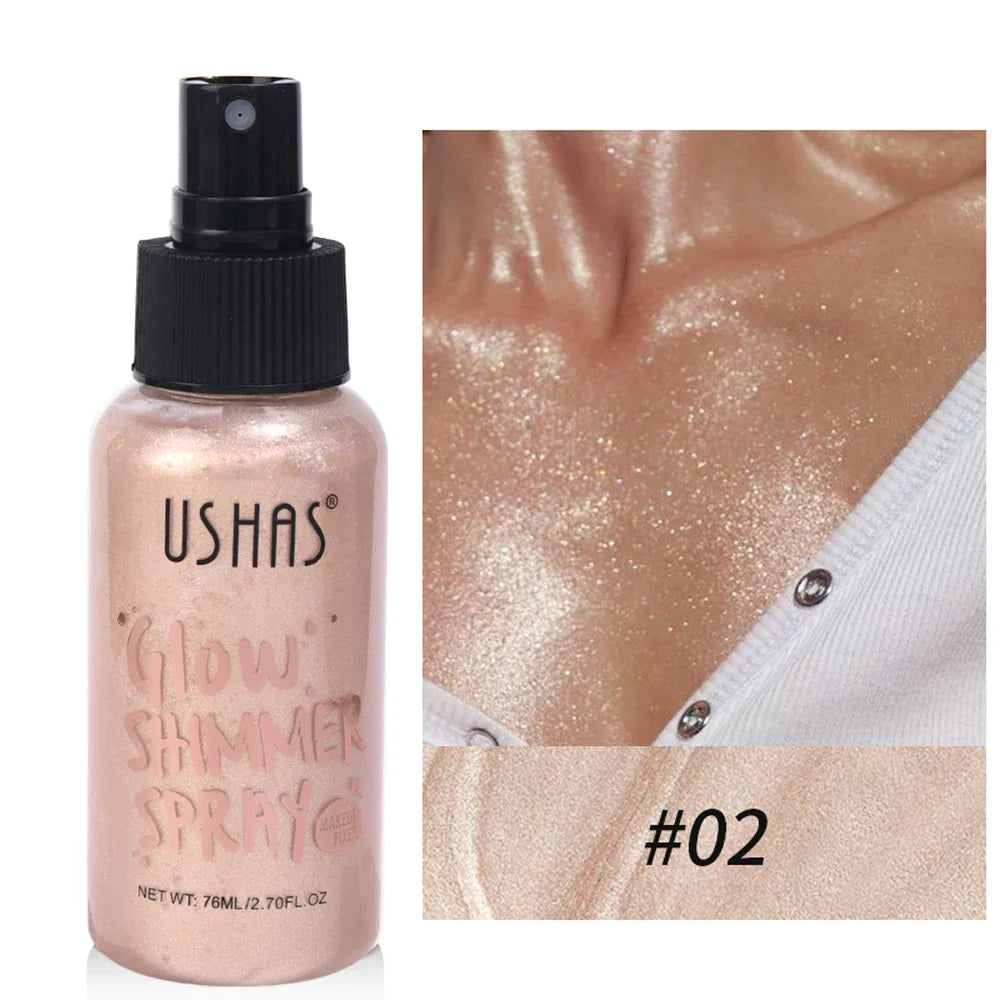 Flacon vaporisateur de surligneur liquide or rose étiqueté ’USHAS Glow Shimmer’ avec la teinte n°02.