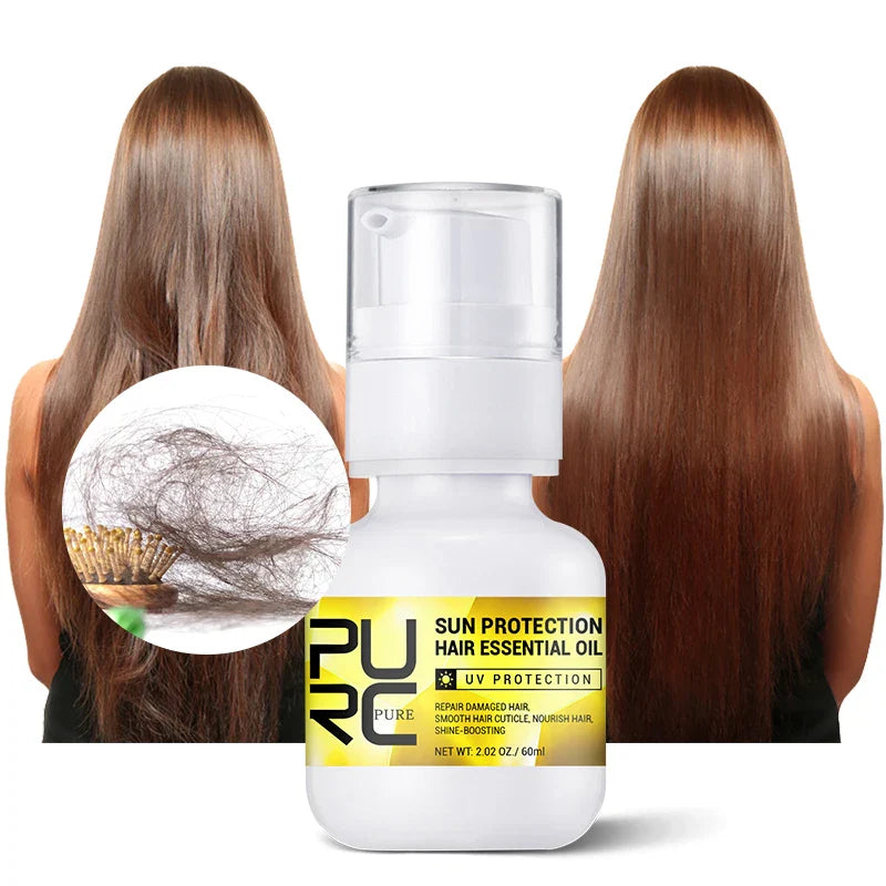 Flacon blanc d’huile essentielle de protection solaire pour les cheveux portant la mention ’PURC’.