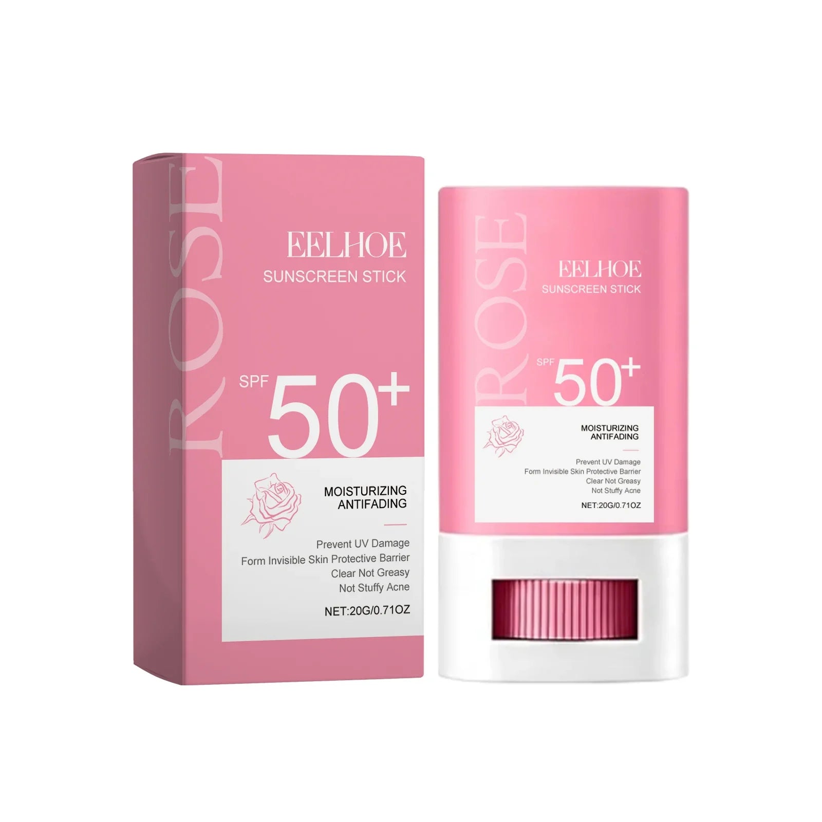 Stick solaire rose et emballage avec protection SPF 50+.