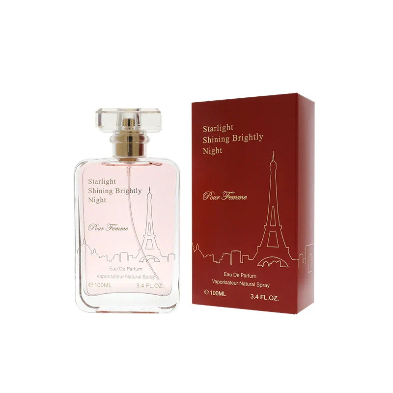 Flacon de parfum rose avec le motif de la Tour Eiffel, accompagné de son étui rouge.