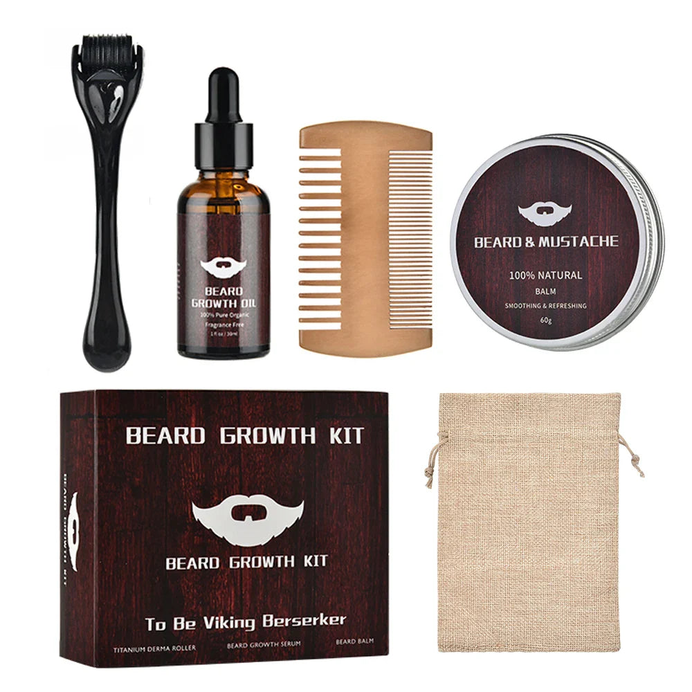 Kit de pousse de barbe contenant une huile, un rouleau, un peigne, un baume et un sac de rangement.