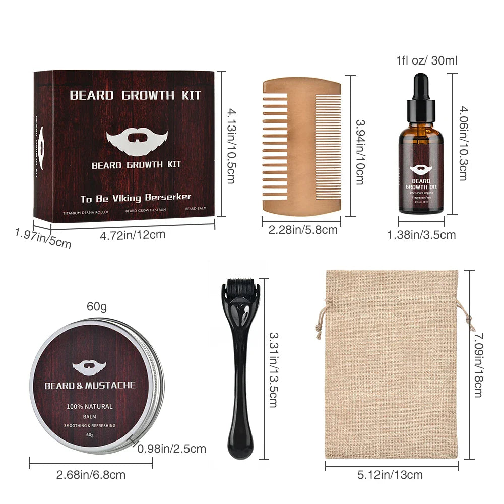 Kit de croissance et de toilettage de la barbe contenant une huile, un baume, un peigne, un rouleau et un sac de rangement.