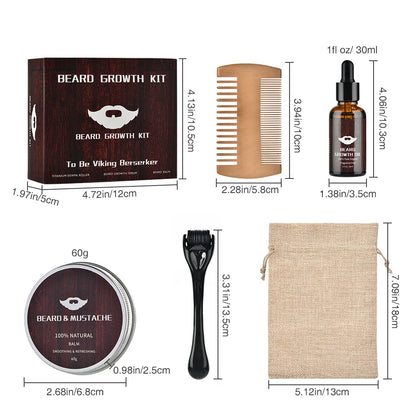 Kit de croissance et de toilettage de la barbe contenant une huile, un baume, un peigne, un rouleau et un sac de rangement.