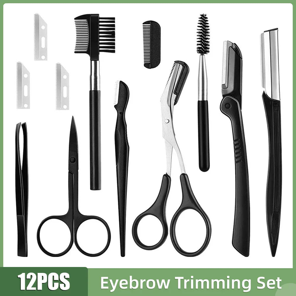 Kit de toilettage des sourcils de 12 pièces avec ciseaux, peignes, rasoirs et outils de coupe.