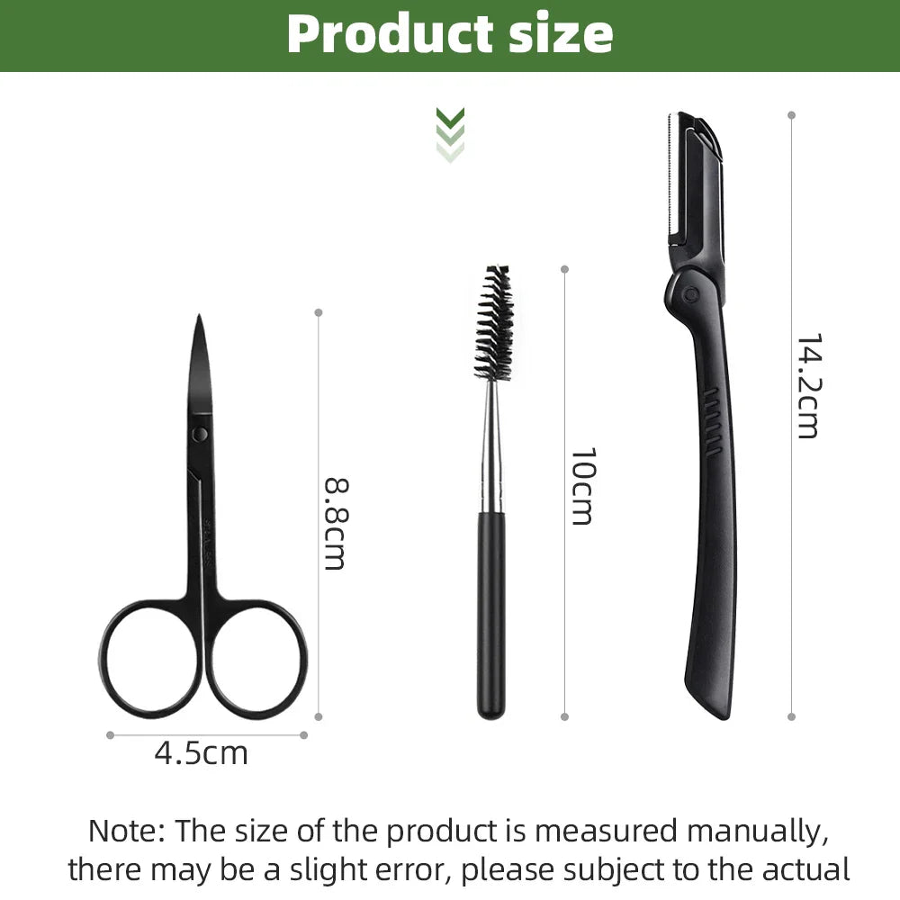 Diagramme des dimensions du produit montrant les dimensions des outils de toilettage des sourcils, y compris les ciseaux, la brosse et le rasoir.