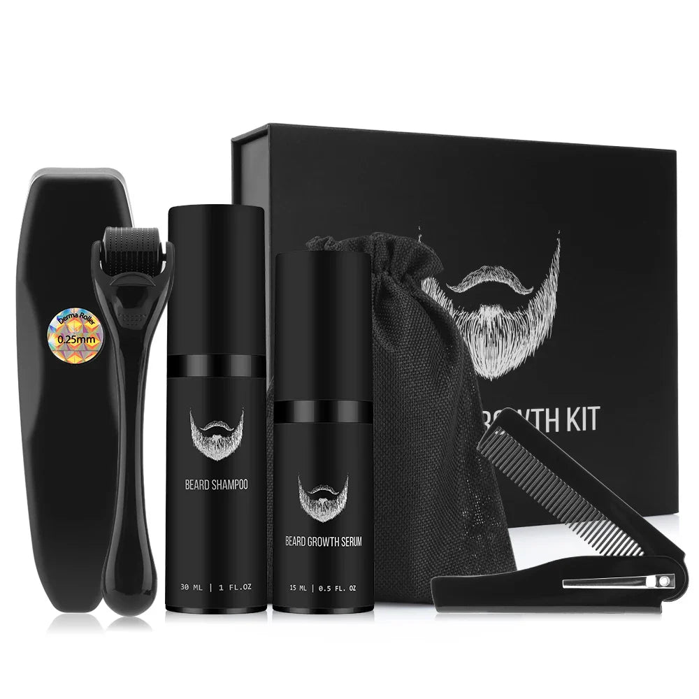 Kit de toilettage de la barbe comprenant un shampooing, une tondeuse, un peigne et des produits de coiffage dans un emballage noir.